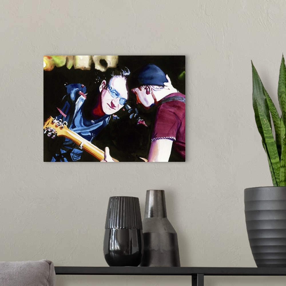 A modern room featuring Watercolor painting of strange yet awesome forehead-grinding from U2 live at Slane Castle, Elevat...