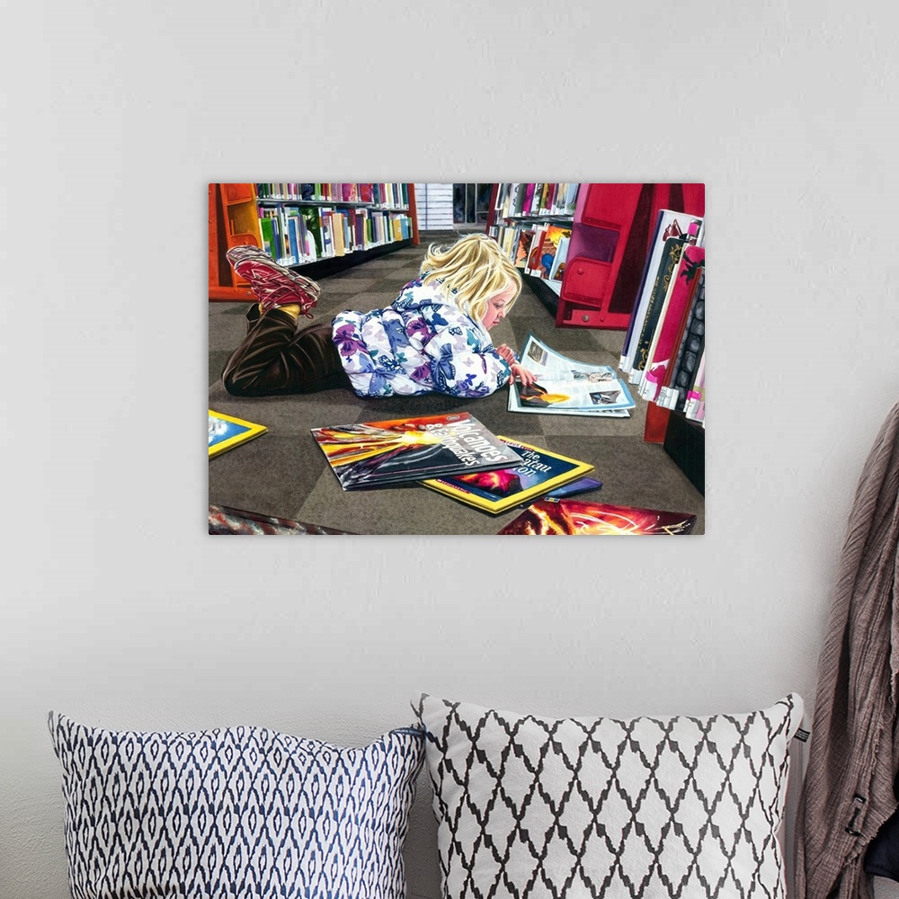 A bohemian room featuring A watercolor portrait of a young girl laying on the floor of a book store looking at books about ...