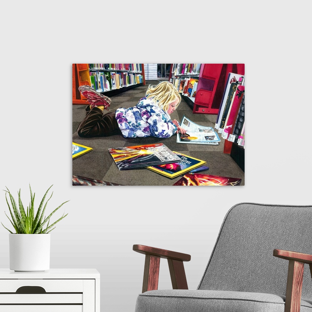 A modern room featuring A watercolor portrait of a young girl laying on the floor of a book store looking at books about ...