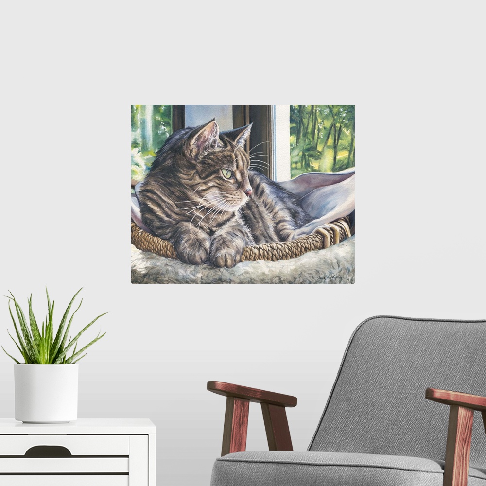 A modern room featuring Watercolor painting of a cat about to take an afternoon nap in her basket.