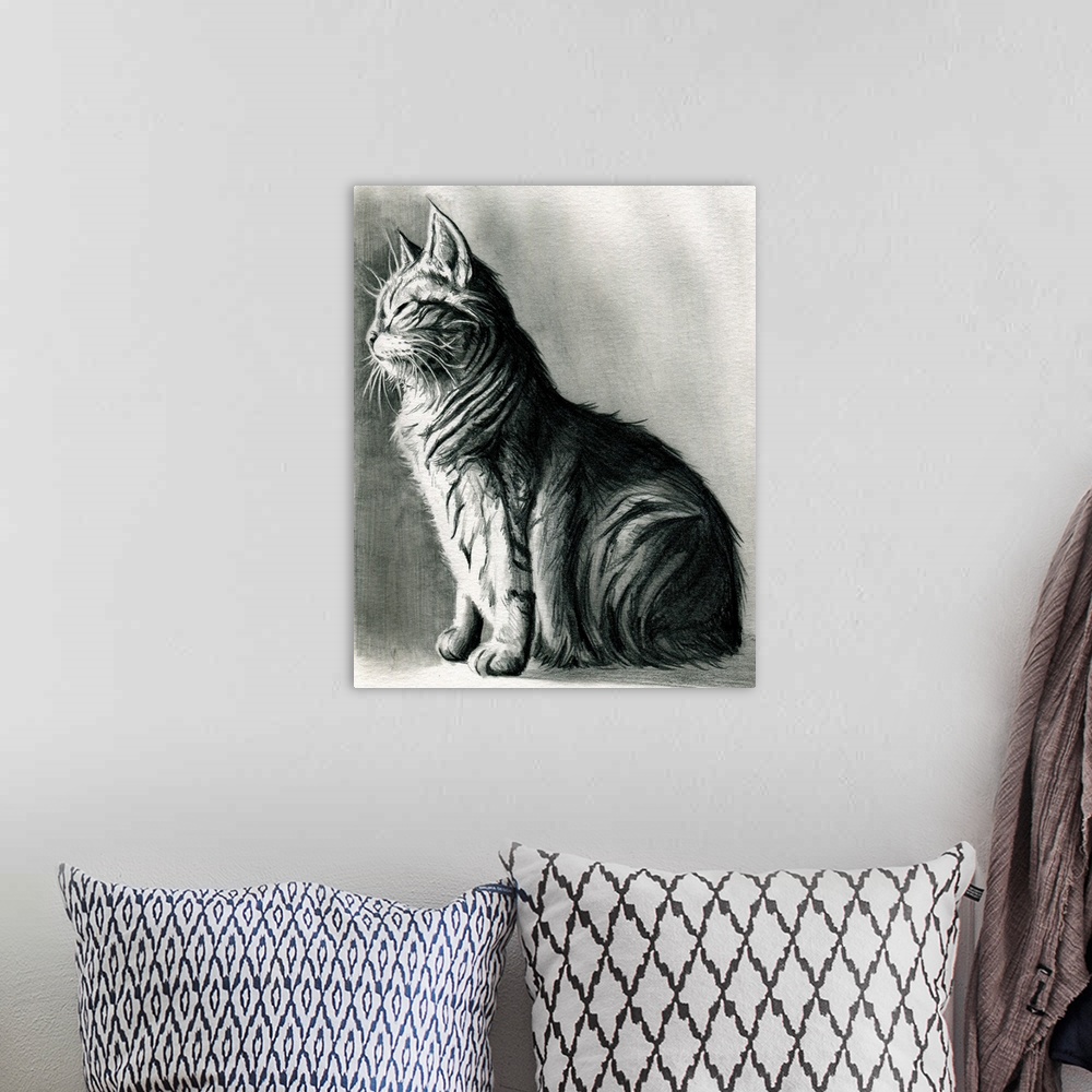 A bohemian room featuring Black and white sketch of a cat.