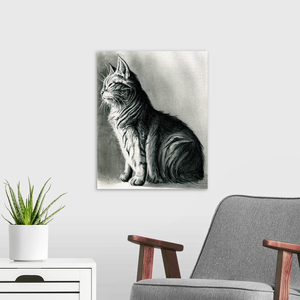 A modern room featuring Black and white sketch of a cat.