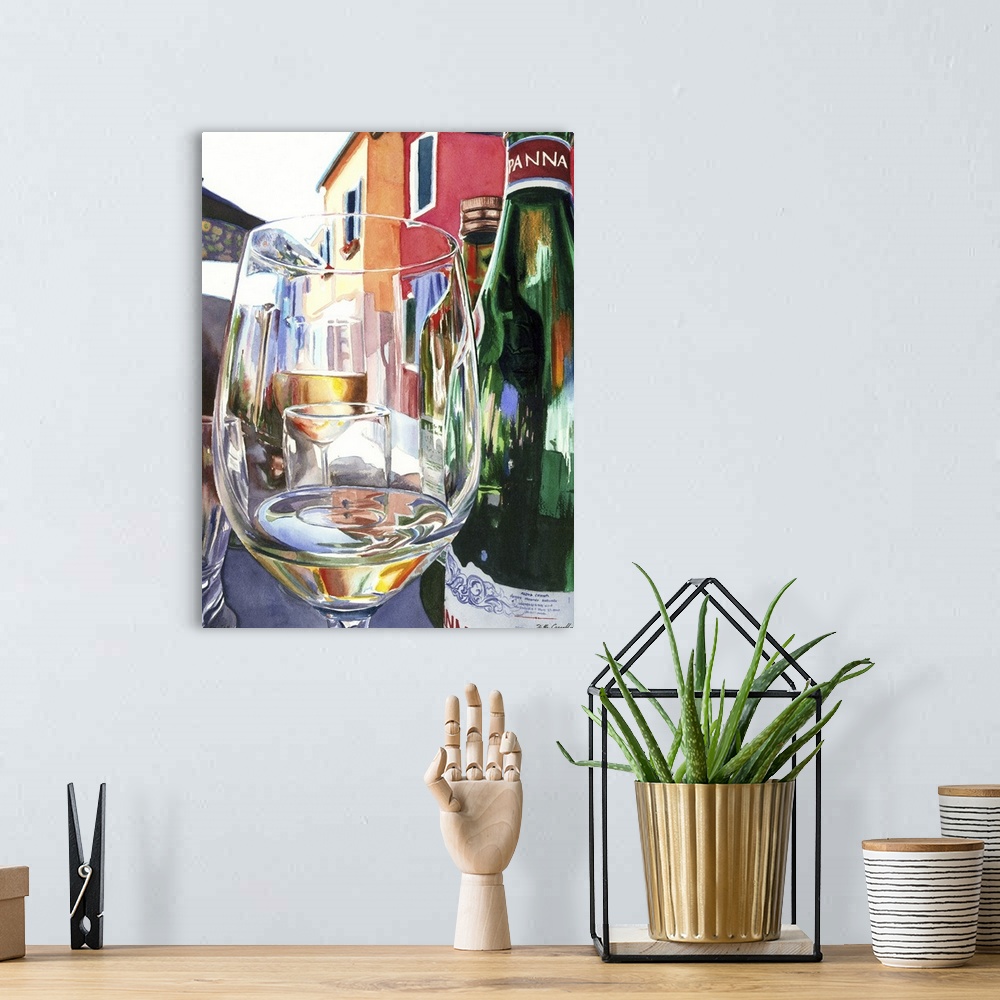 A bohemian room featuring Watercolor painting of a wine glass in which you can see more glasses though it against a colorfu...