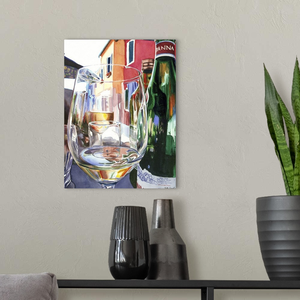 A modern room featuring Watercolor painting of a wine glass in which you can see more glasses though it against a colorfu...