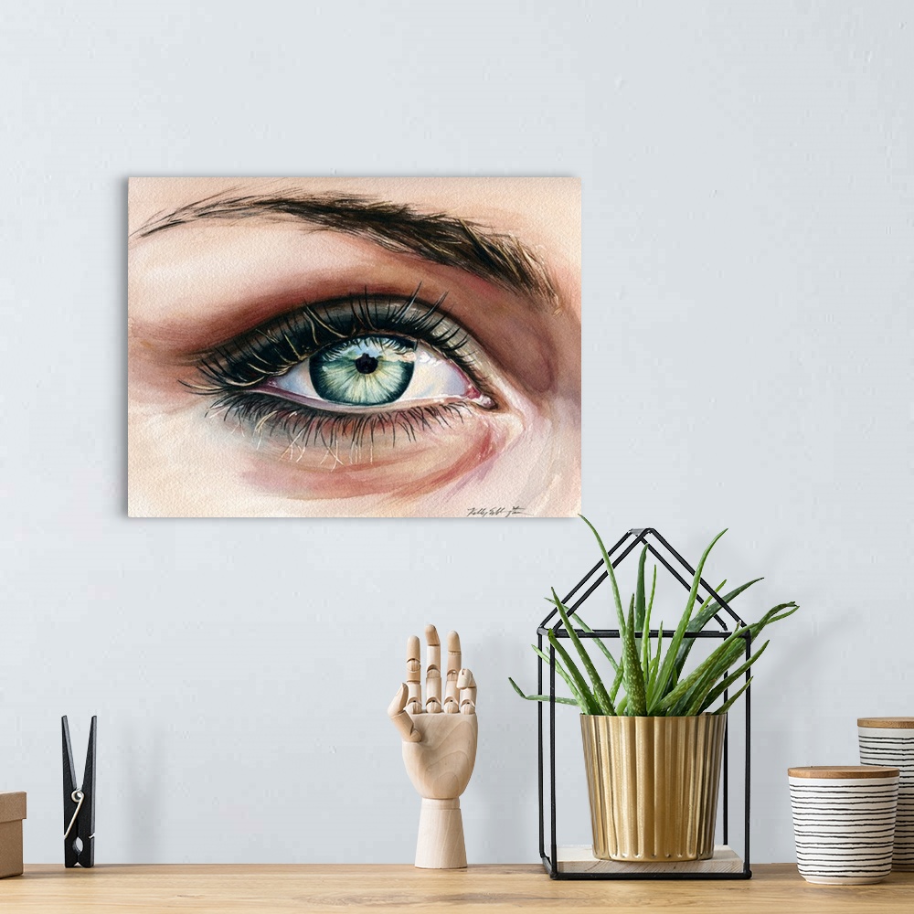 A bohemian room featuring Horizontal watercolor of a close up detail of an eye.