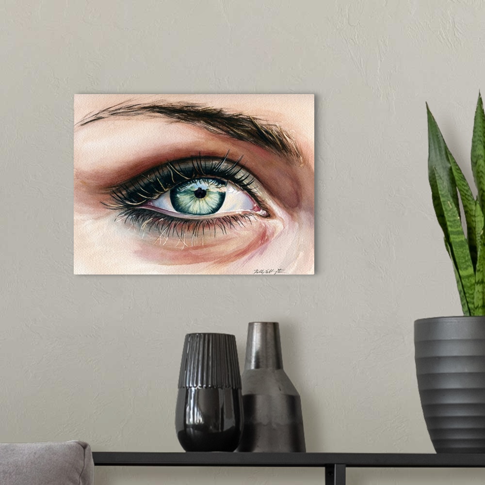 A modern room featuring Horizontal watercolor of a close up detail of an eye.