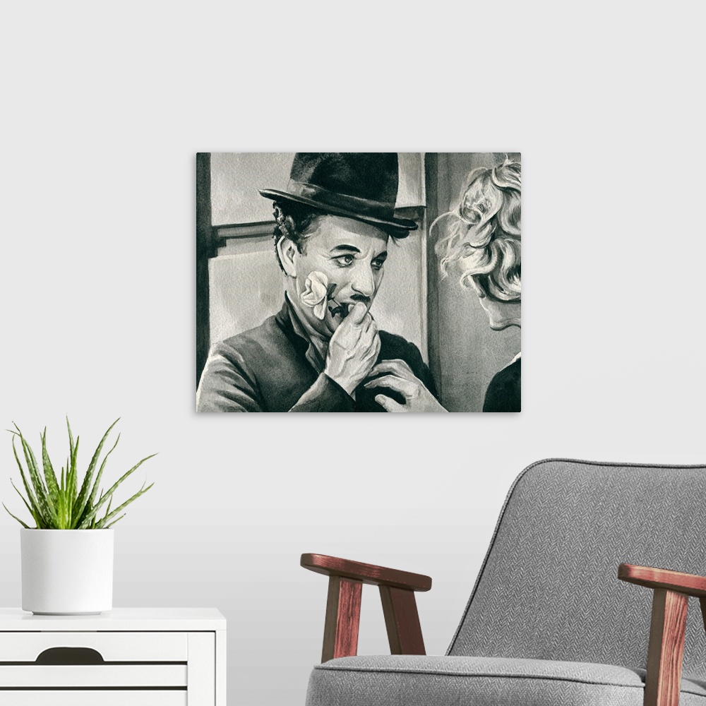 A modern room featuring A monochromatic watercolor of Charlie Chaplin.