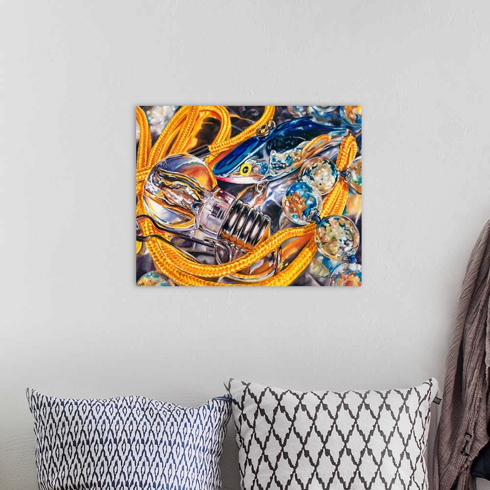 A bohemian room featuring Watercolor painting of a silver fishing lure interacting with a lightbulb necklace.