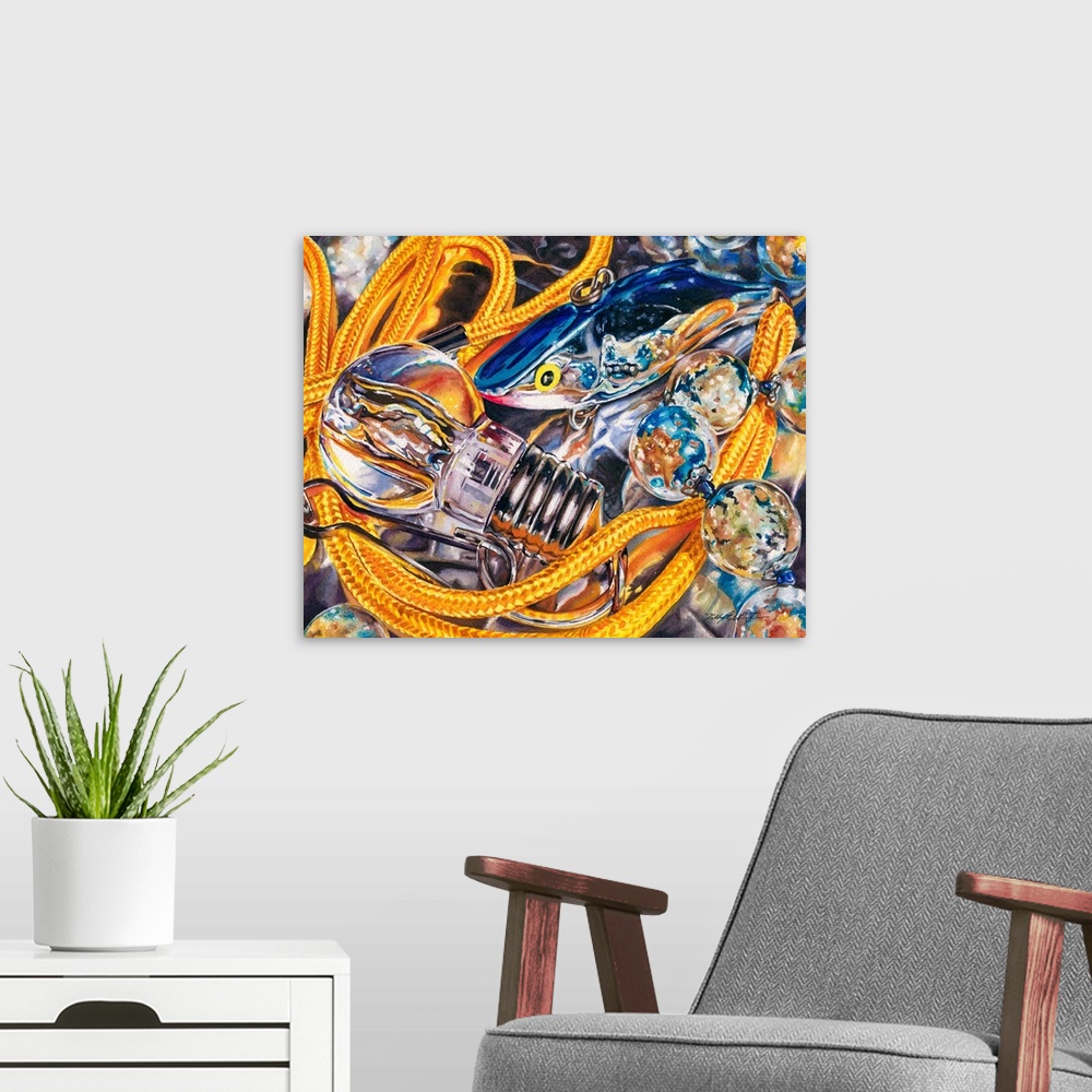 A modern room featuring Watercolor painting of a silver fishing lure interacting with a lightbulb necklace.