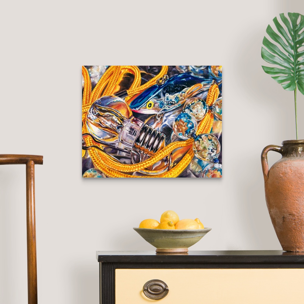 A traditional room featuring Watercolor painting of a silver fishing lure interacting with a lightbulb necklace.