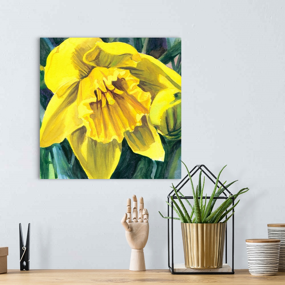 A bohemian room featuring Square watercolor painting of a yellow Daffodil.