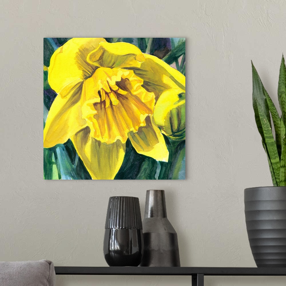 A modern room featuring Square watercolor painting of a yellow Daffodil.