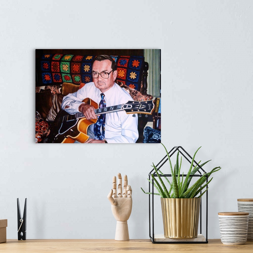 A bohemian room featuring A contemporary watercolor portrait of a man holding a Gibson Super 400 guitar.