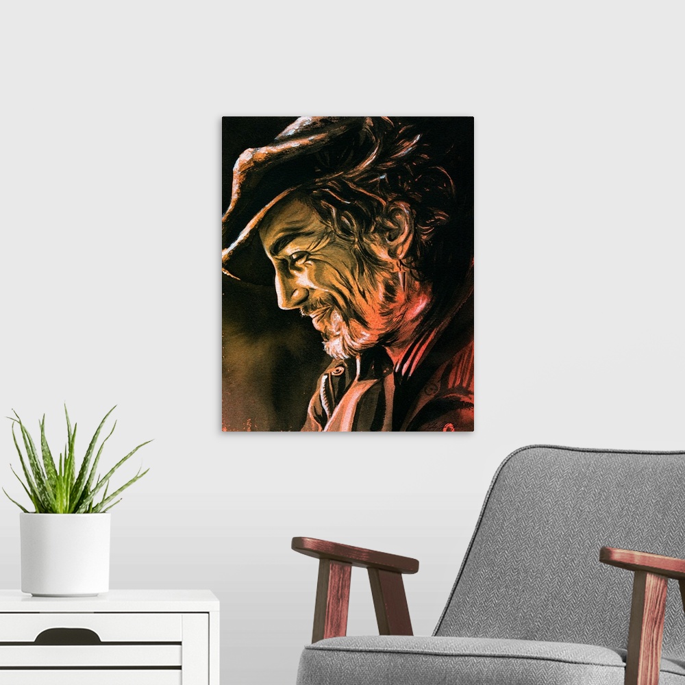 A modern room featuring Watercolor portrait of Daniel Day-Lewis.