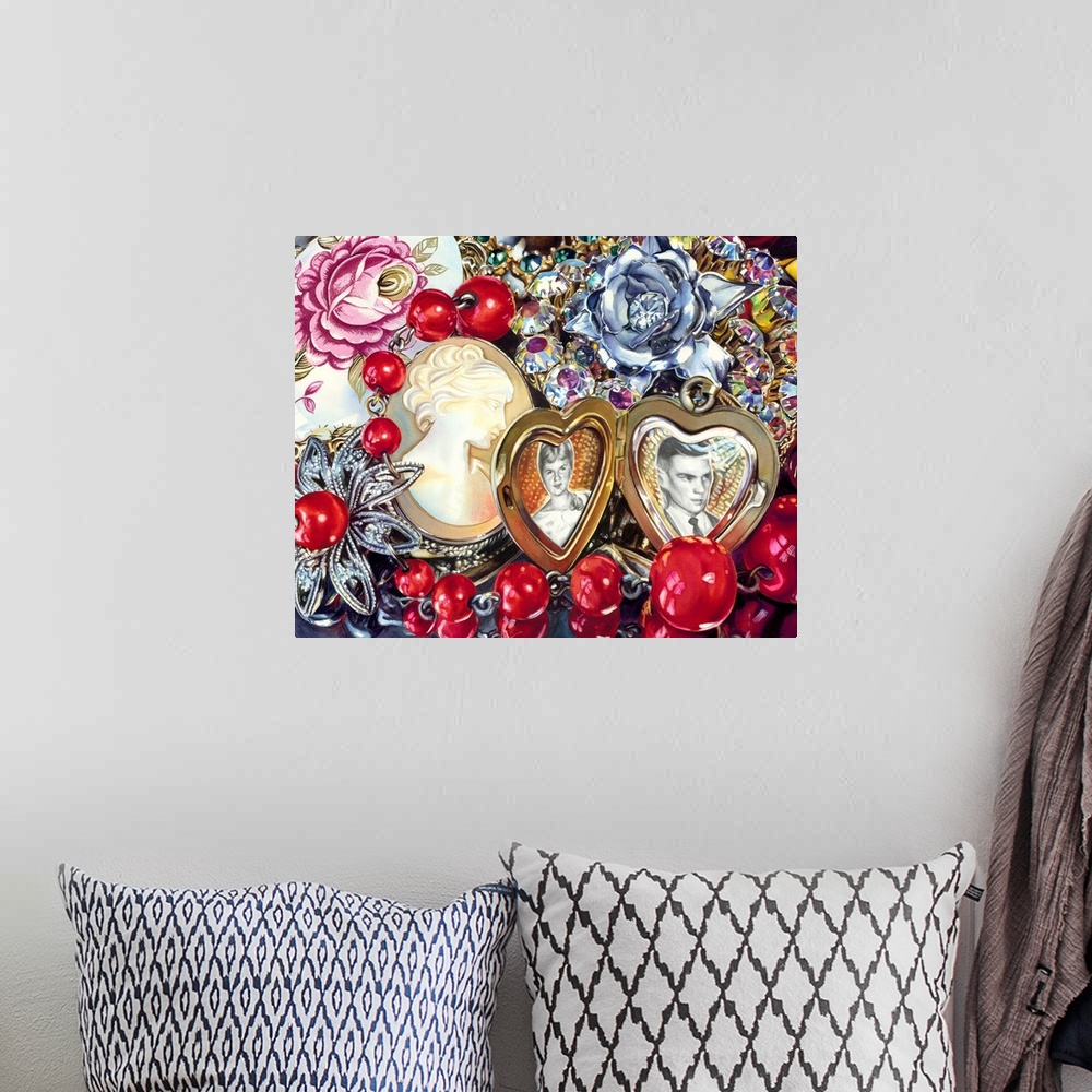 A bohemian room featuring Detailed watercolor painting of a variety of jewelry, including a locket and brooch.