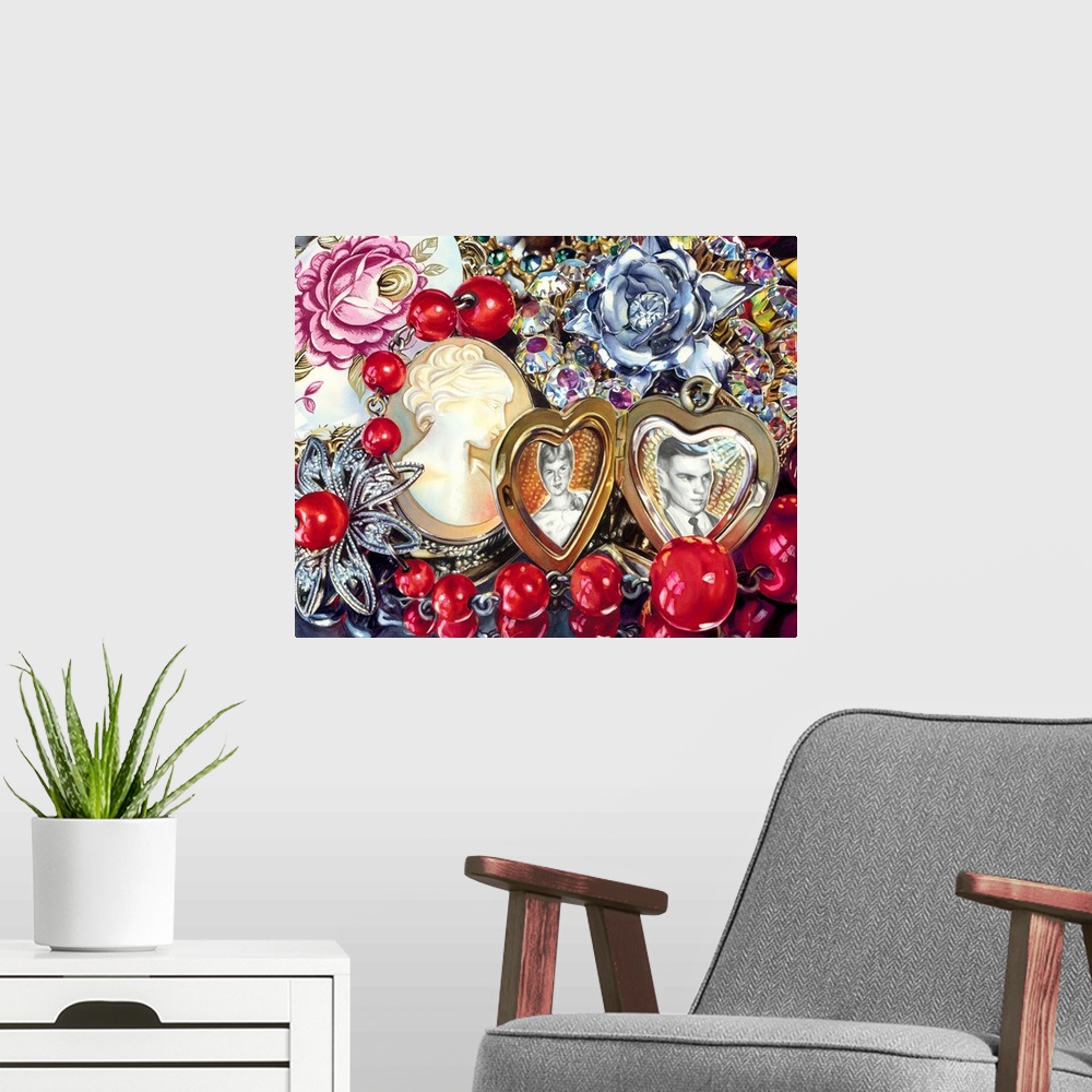 A modern room featuring Detailed watercolor painting of a variety of jewelry, including a locket and brooch.