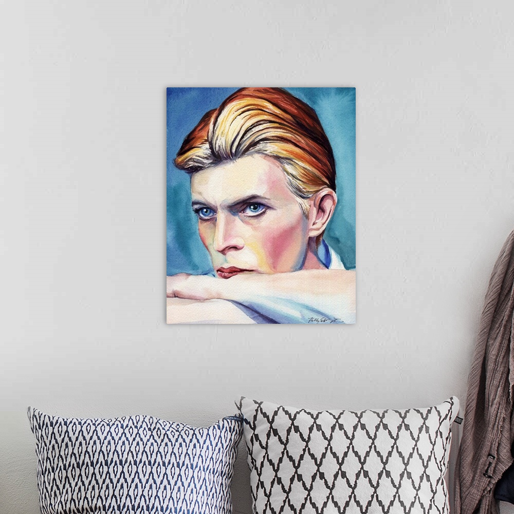 A bohemian room featuring A watercolor portrait of David Bowie.