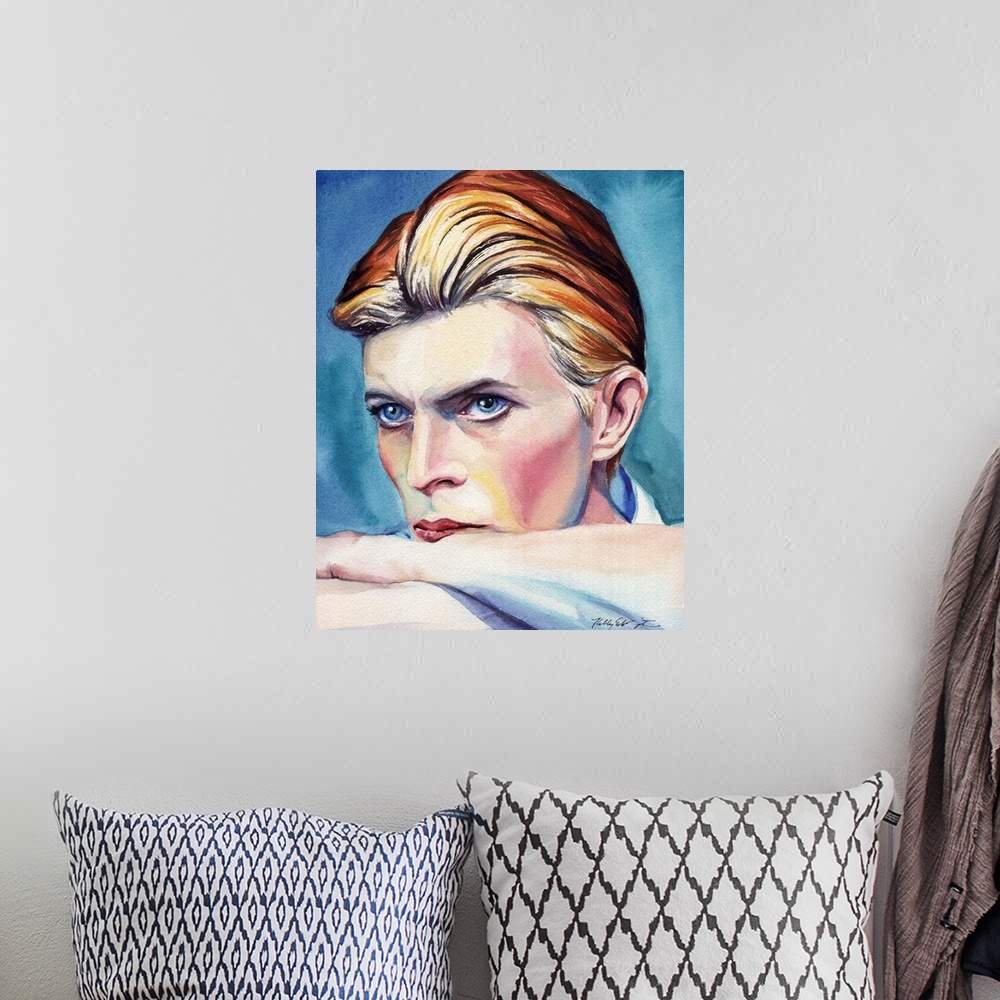 A bohemian room featuring A watercolor portrait of David Bowie.