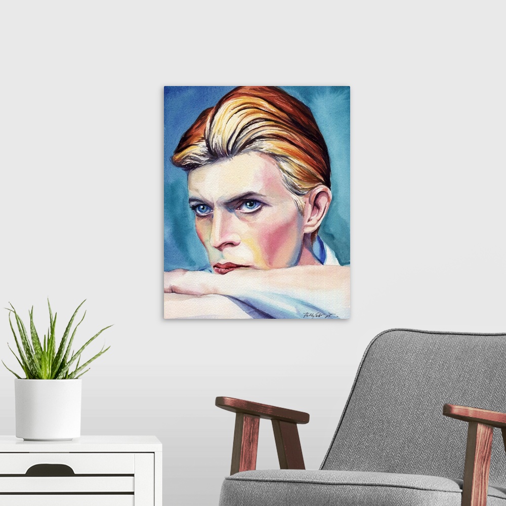A modern room featuring A watercolor portrait of David Bowie.