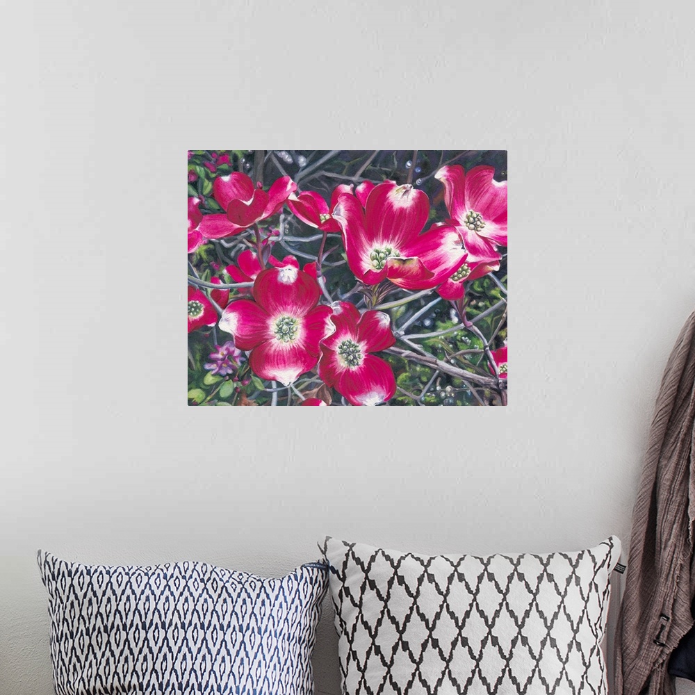 A bohemian room featuring A horizontal watercolor of a branch of pink dogwood blossoms.
