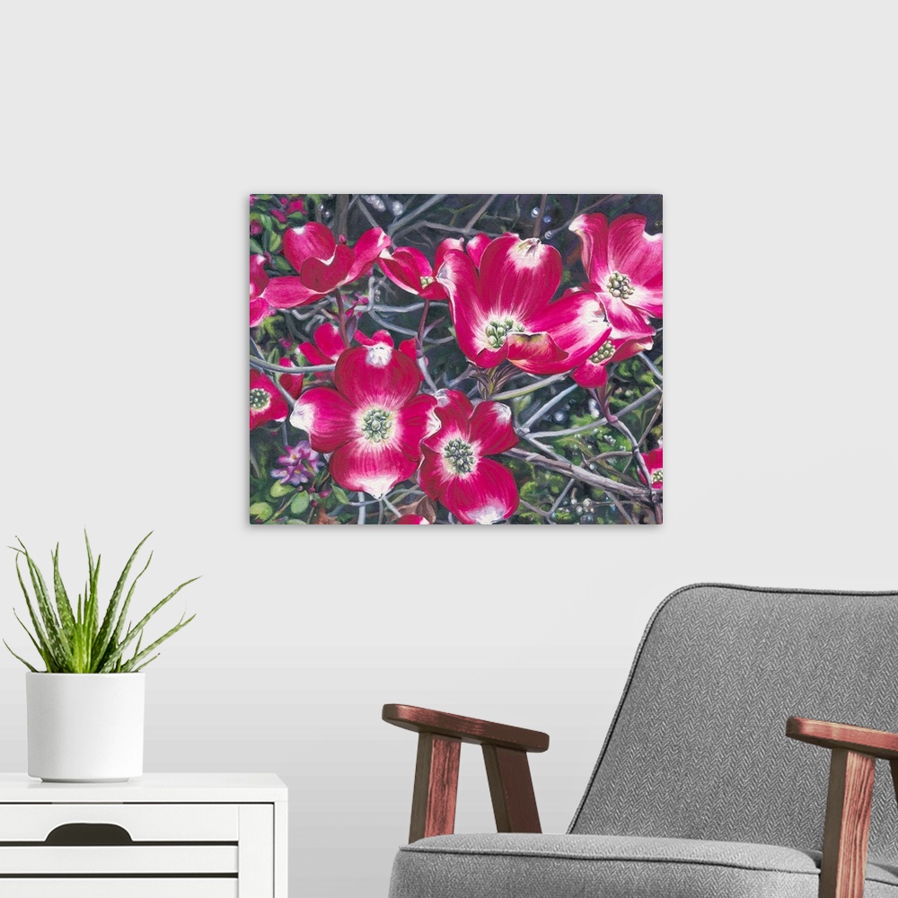 A modern room featuring A horizontal watercolor of a branch of pink dogwood blossoms.