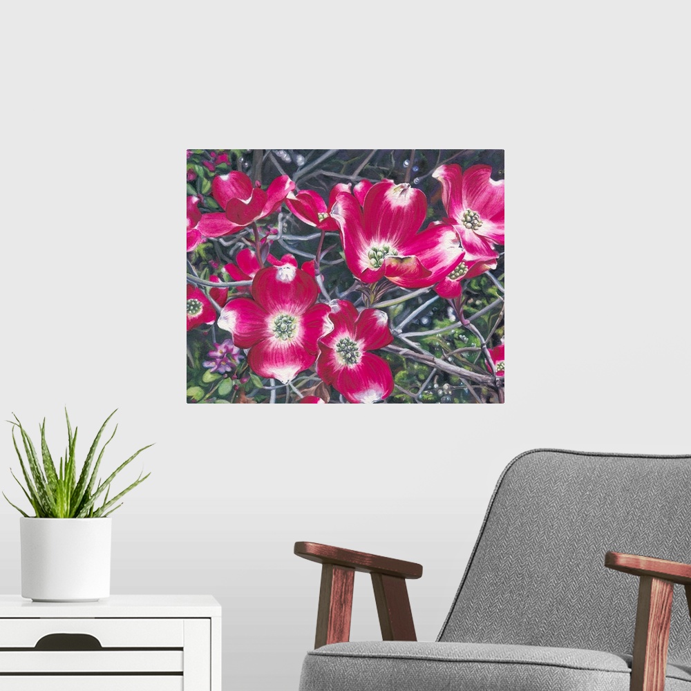 A modern room featuring A horizontal watercolor of a branch of pink dogwood blossoms.