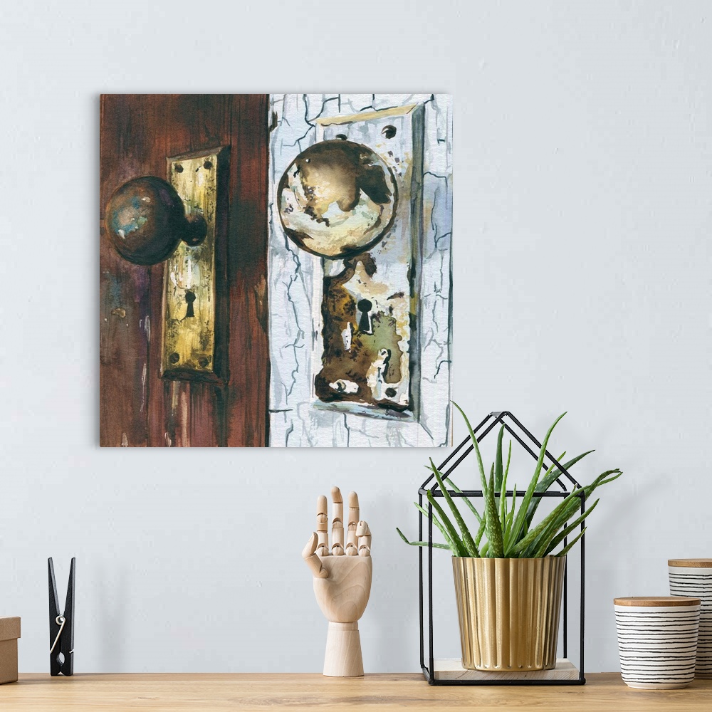 A bohemian room featuring A square watercolor painting of weathered doorknobs.