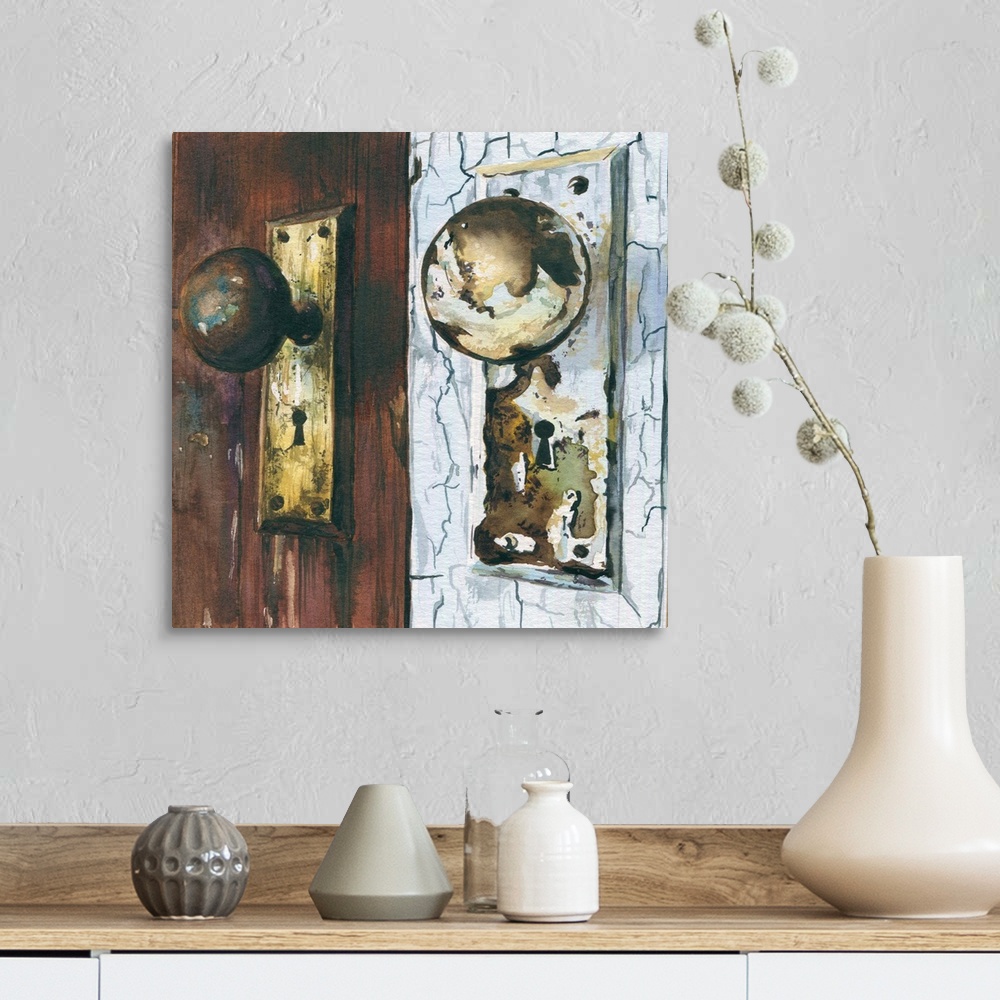 A farmhouse room featuring A square watercolor painting of weathered doorknobs.