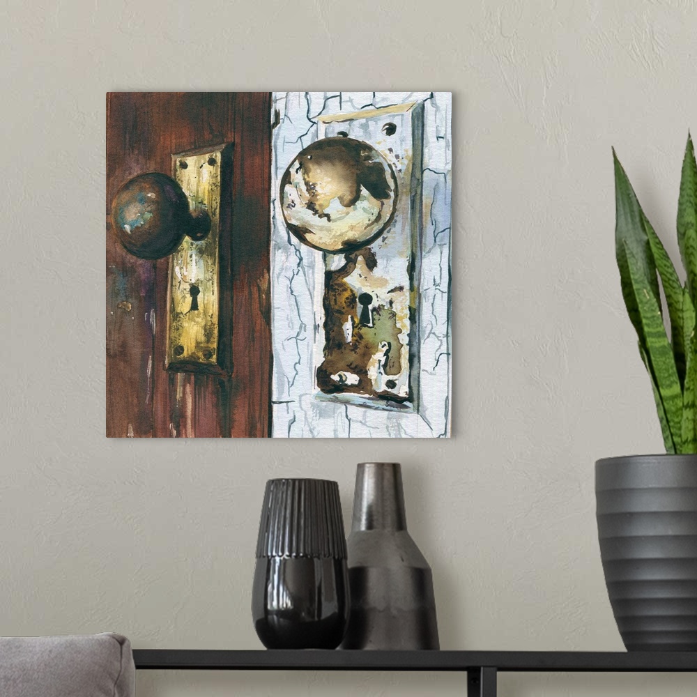 A modern room featuring A square watercolor painting of weathered doorknobs.