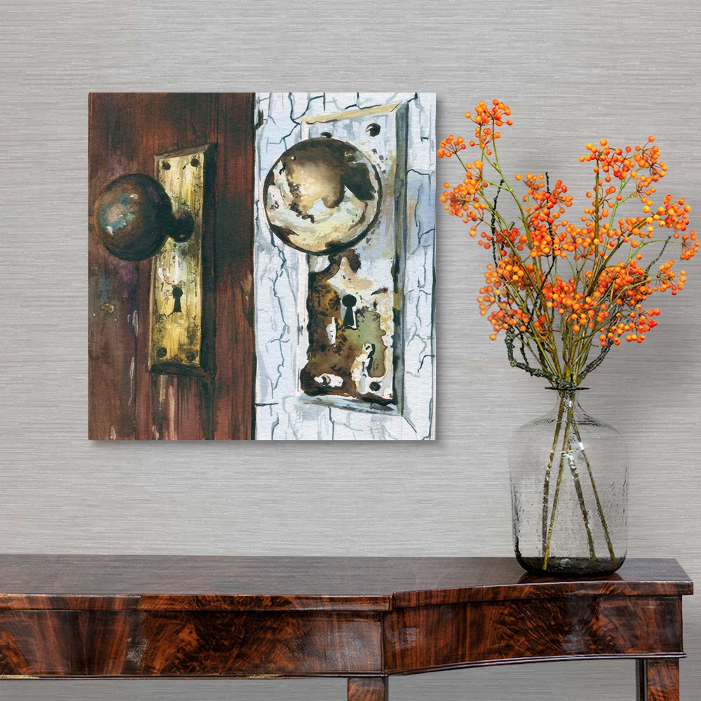 A traditional room featuring A square watercolor painting of weathered doorknobs.