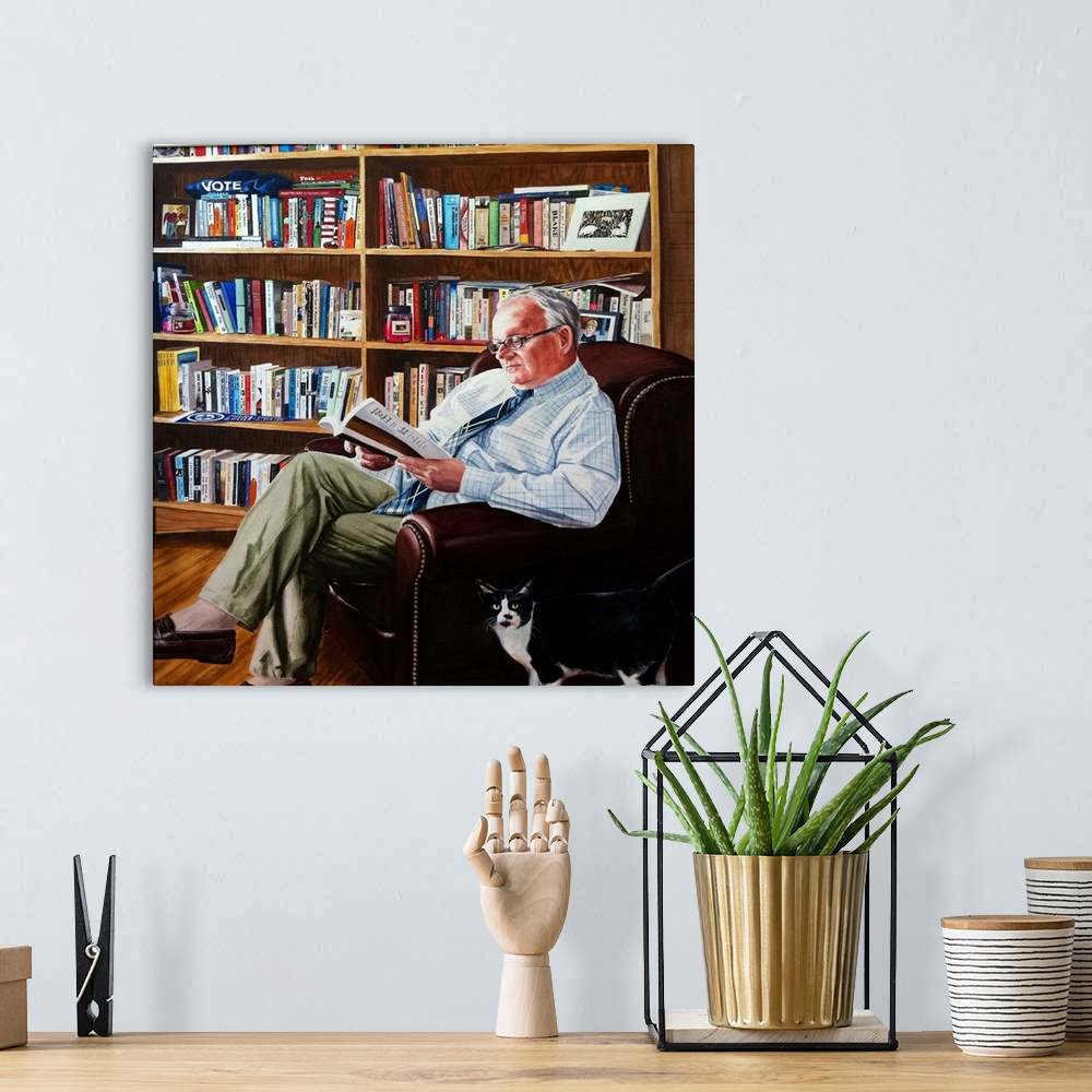 A bohemian room featuring A contemporary watercolor painting of an associate professor of education at Culver-Stockton Coll...