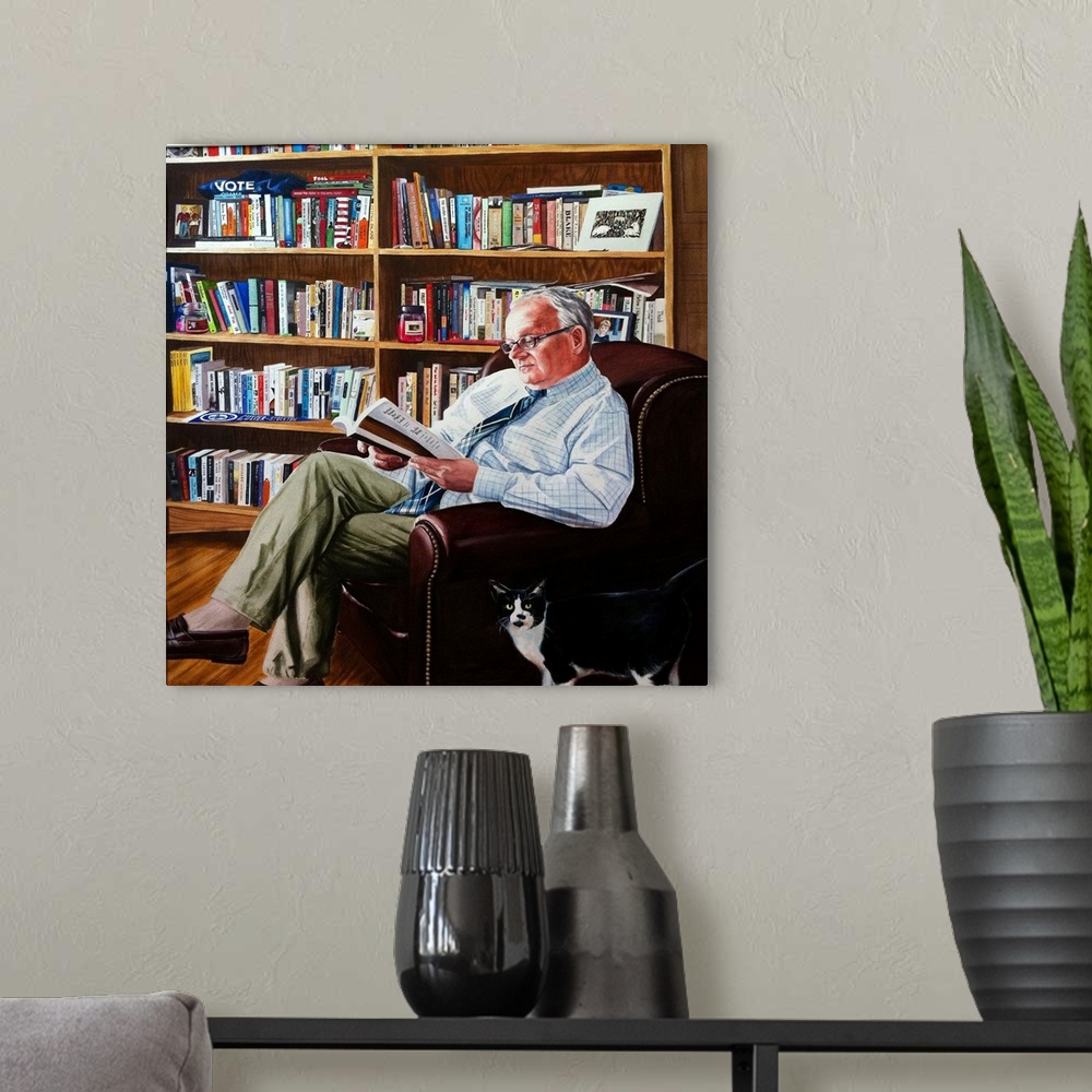 A modern room featuring A contemporary watercolor painting of an associate professor of education at Culver-Stockton Coll...