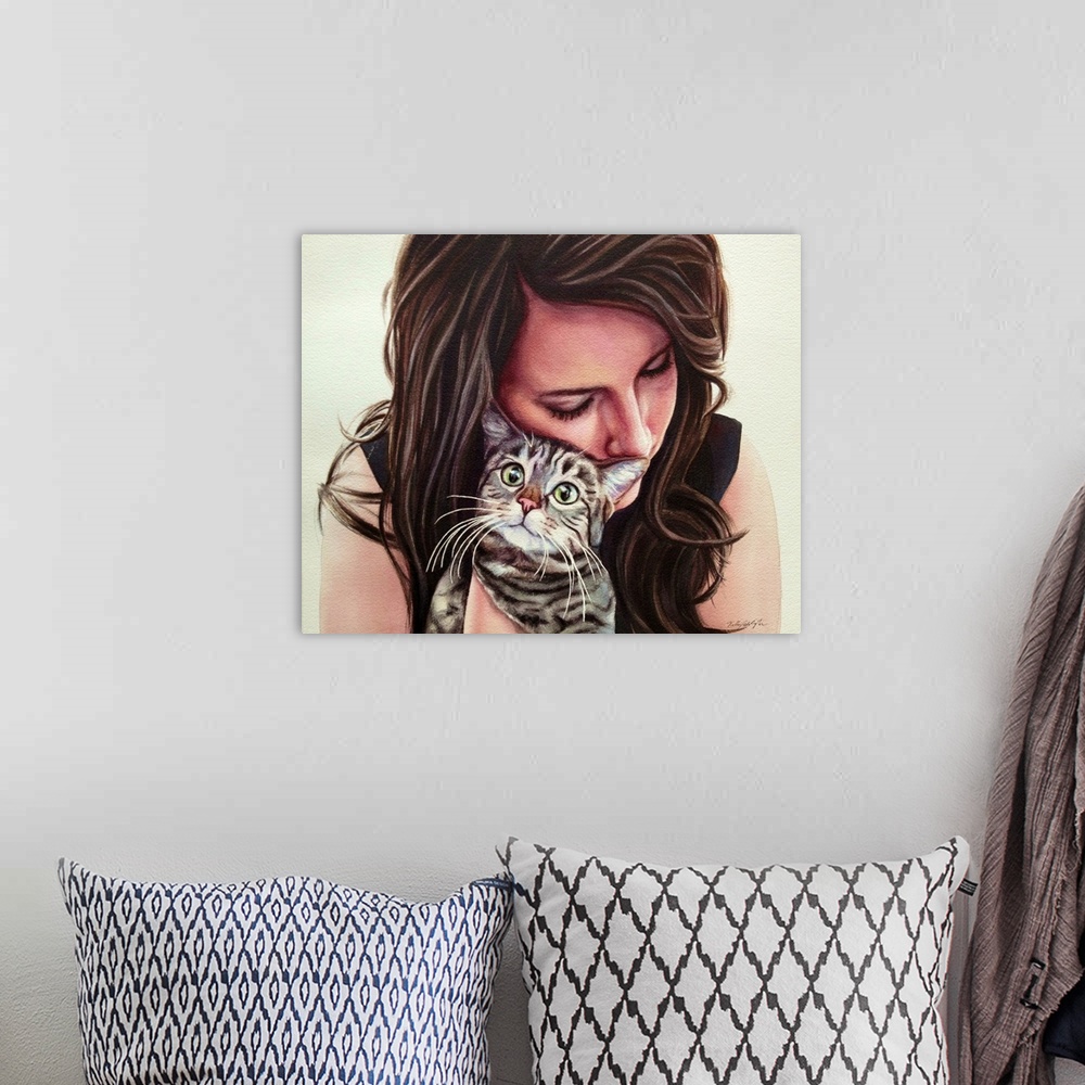 A bohemian room featuring Contemporary watercolor painting of a woman hugging her cat.