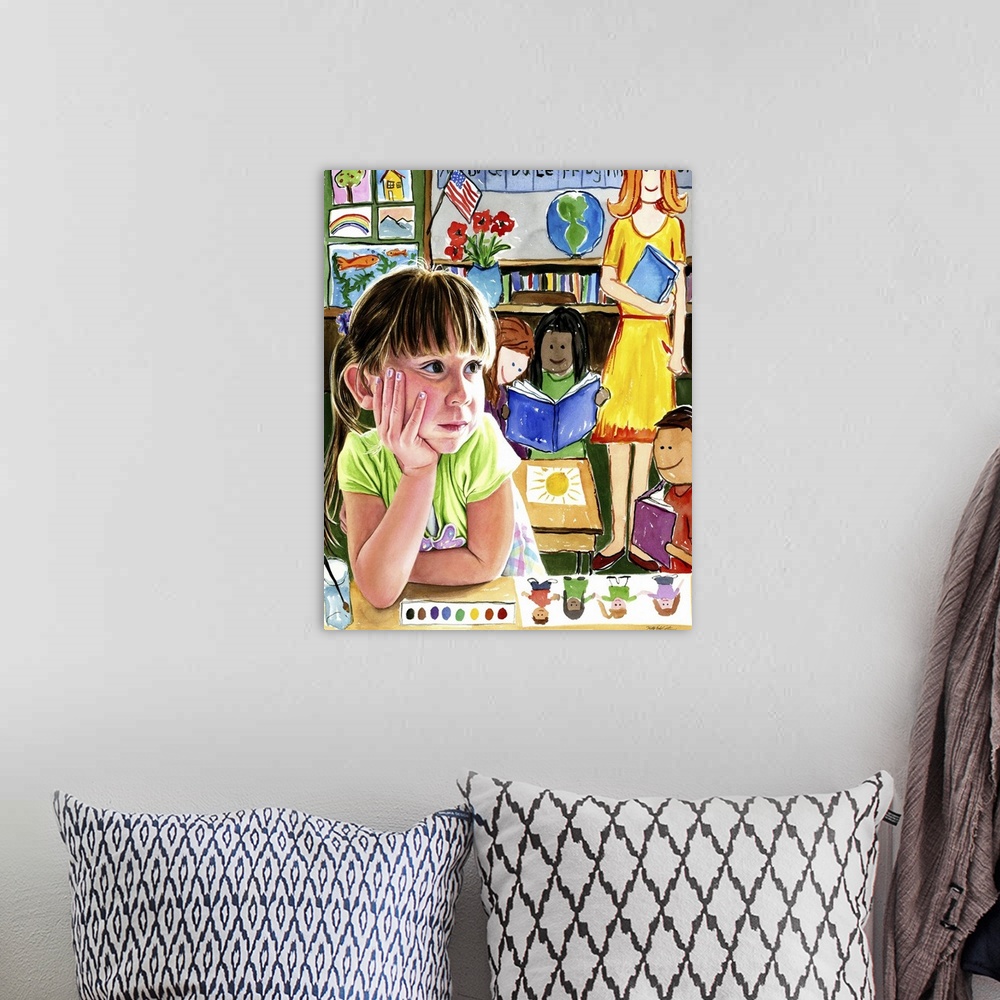 A bohemian room featuring A watercolor portrait of a child with a juvenile drawing of a classroom in the background.