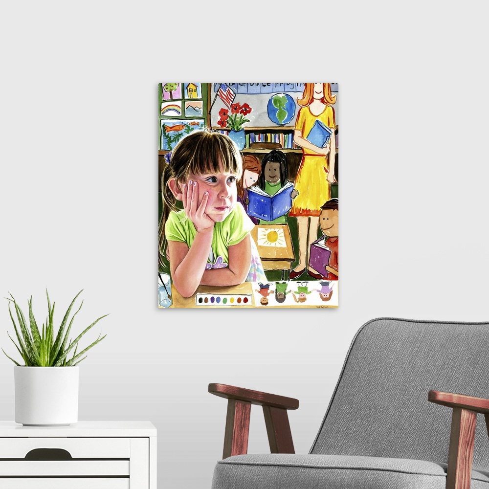 A modern room featuring A watercolor portrait of a child with a juvenile drawing of a classroom in the background.