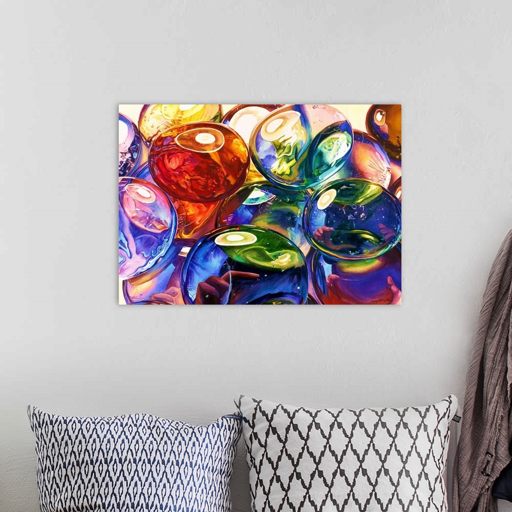 A bohemian room featuring Watercolor painting of translucent glass gems in a variety of colors.