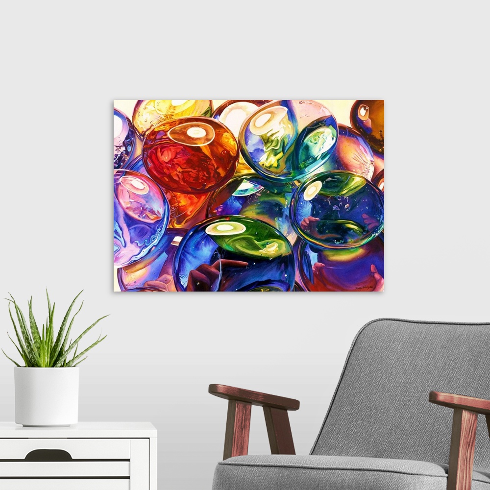 A modern room featuring Watercolor painting of translucent glass gems in a variety of colors.