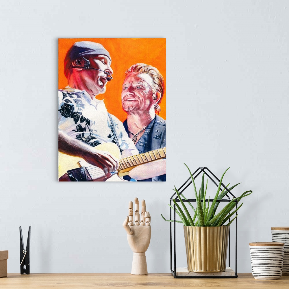 A bohemian room featuring Watercolor painting of the Edge and Bono created for atu2.com 2017.