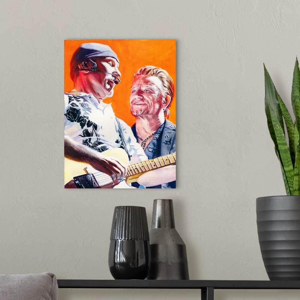 A modern room featuring Watercolor painting of the Edge and Bono created for atu2.com 2017.