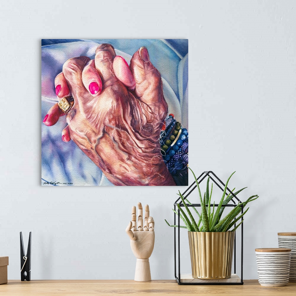 A bohemian room featuring Contemporary watercolor painting of a granddaughter holding her grandfather's hand shortly before...
