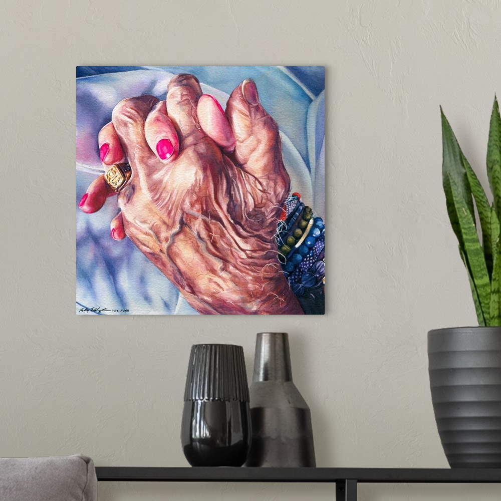 A modern room featuring Contemporary watercolor painting of a granddaughter holding her grandfather's hand shortly before...