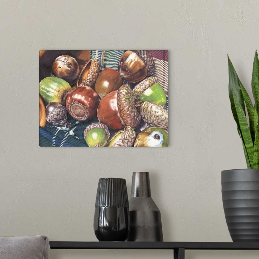 A modern room featuring A watercolor painting of a pocketful of acorns found in the yard.