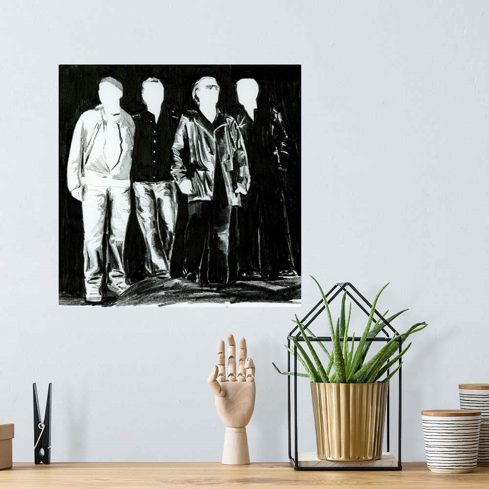 A bohemian room featuring Black and white drawing of U2 in a simple design.