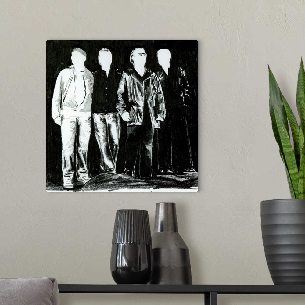 A modern room featuring Black and white drawing of U2 in a simple design.