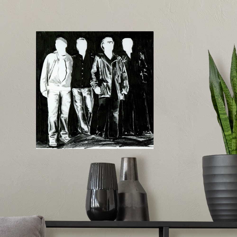 A modern room featuring Black and white drawing of U2 in a simple design.