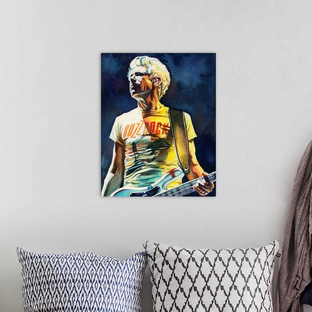 A bohemian room featuring Illustration for atu2.com of Adam Clayton from U2's Innocence and Experience tour in watercolor.