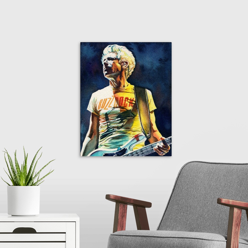 A modern room featuring Illustration for atu2.com of Adam Clayton from U2's Innocence and Experience tour in watercolor.