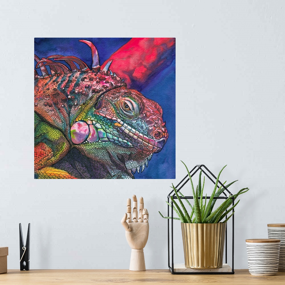 A bohemian room featuring A watercolor and ink painting of a multi-colored iguana.
