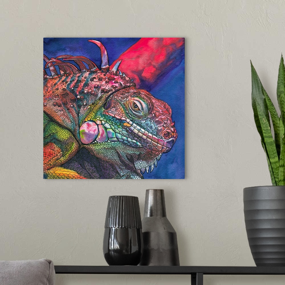 A modern room featuring A watercolor and ink painting of a multi-colored iguana.