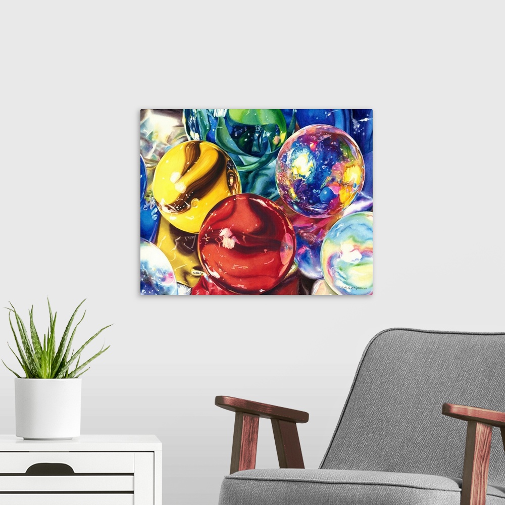 A modern room featuring Watercolor painting of colored marbles.